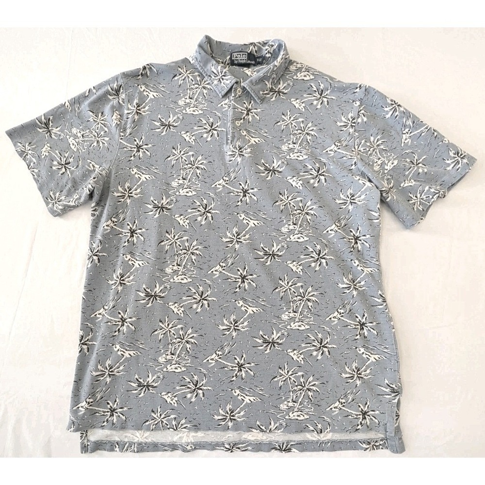 Vintage Polo Ralph Lauren Shirt Mens XLT Blue Palm Tree Hawaiian Polo Pique Tall